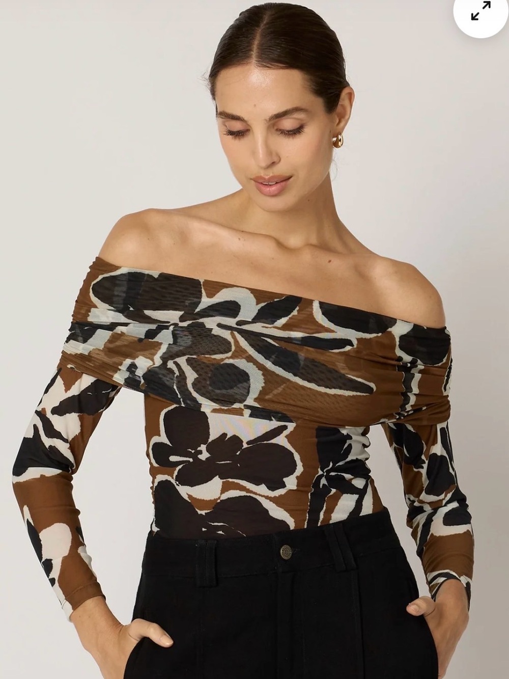Cleobella Penelope Top:Brown Black Cream Floral Off-the-Shoulder Long-Sleeve Top